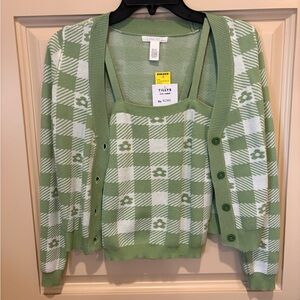 Full Tilt Green and White Plaid Women's Cardigan Set